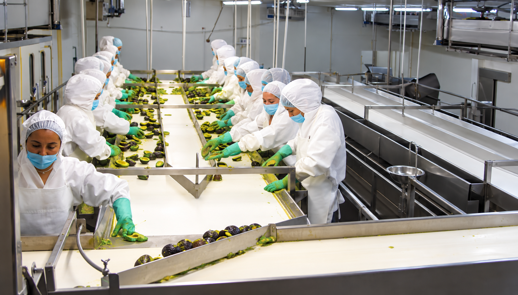 Personal realizando selección y preparación de aguacate en una línea de procesamiento